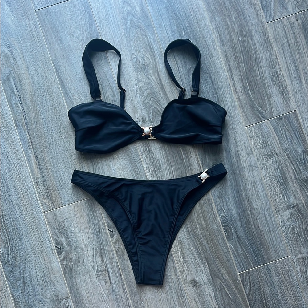 SHEIN Black Two-Piece Bikini with Pearl Accents